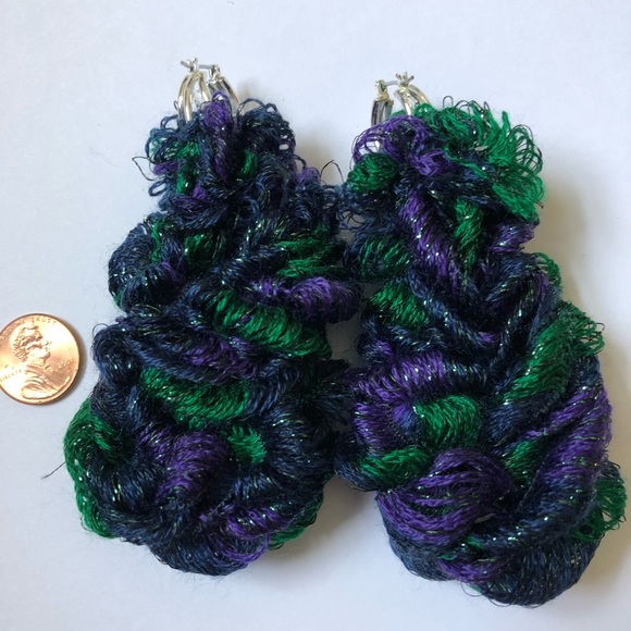 Handmade Upcycled Green Purple Statement Earrings - Picture 4 of 5